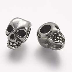 Antique Silver 304 Stainless Steel Beads, Skull, Large Hole Beads, Antique Silver, 13x8x8.5mm, Hole: 4mm