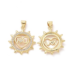 Golden Brass Micro Pave Clear Cubic Zirconia Pendants, Sun with Heart & Word I Love You Charms, Golden, 24x21x3.5mm, Hole: 3x4mm