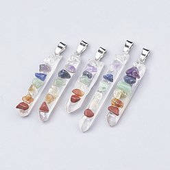 Mixed Stone Chakra Natural Quartz Crystal Pointed Pendants, with Mixed Stone & Iron Findings, Nuggets, Platinum, 36~52x7~9x9~10mm, Hole: 6x3mm