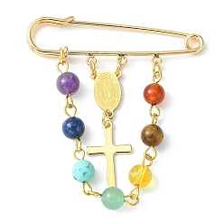 Golden Religion Cross Virgin Mary Alloy Pendant Kilt Pins, Chakra Gemstone Beaded & Iron Brooches, Golden, 55x50mm