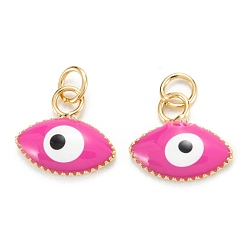 Hot Pink Brass Enamel Pendants, Real 18K Gold Plated, Long-Lasting Plated, Evil Eye, Hot Pink, 10x11x2mm, Hole: 2.6mm