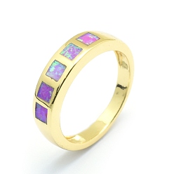 Golden Synthetic Opal Finger Rings, with Brass Findings, Long-Lasting Plated, Size 7, Orchid, Golden, 17.5mm