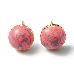 Light Coral Enamel Half Round Stud Earrings, Real 18K Gold Plated Brass Jewelry, Cadmium Free & Lead Free, Light Coral, 10.5x6mm