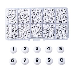 White Acrylic Beads , Flat Round with Number 0~9, Black & White, White, 7x4mm, Hole: 1.3mm, 10 numbers, about 72pcs/number, 720pcs/box