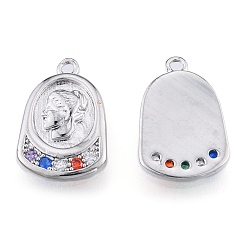 Real Platinum Plated Brass Micro Pave Colorful Cubic Zirconia Pendants, Cadmium Free & Nickel Free & Lead Free, Half Oval with Woman, Real Platinum Plated, 17x11x2mm, Hole: 1.2mm