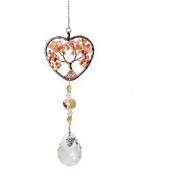 Carnelian Big Pendant Decorations, Hanging Sun Catchers, with Carnelian Beads and K9 Crystal Glass, Heart with Tree of Life, 35.5cm