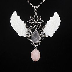 Rose Quartz Natural Rose Quartz Angel Wing Big Pendants, Star Charms with Shell Wing, Antique Silver, 85x75x25mm