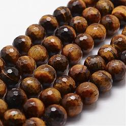 Tiger Eye Natural Tiger Eye Beads Strands, Grade A, Faceted, Round, 8mm, Hole: 1mm, about 44pcs/strand, 14.9 inch~15.1 inch