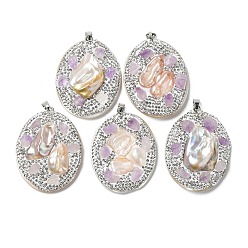 White Baroque Natural Freshwater Shell Polymer Clay Rhinestone Big Pendants, Oval Charms with Platinum Plated Brass Snap on Bails, White, 52~54x40x10~13mm, Hole: 7x4mm