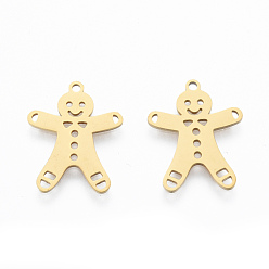Real 18K Gold Plated 201 Stainless Steel Pendants, Gingerbread Man, Christmas Style, Real 18K Gold Plated, 20x16x1mm, Hole: 1.4mm