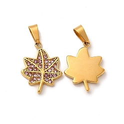 Light Rose Ion Plating(IP) 304 Stainless Steel Pendants, with Rhinestone, Maple Leaf Charm, Golden, Light Rose, 18x14x2mm, Hole: 6x2.7mm