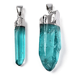 Turquoise Natural Quartz Pointed Pendants, with Brass Findings, Dyed, Bullet, Platinum, Turquoise, 30~45x7~12x6~11mm, Hole: 7x2mm