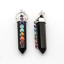 Agate Noire Yoga chakra bijoux en laiton plaqué platine pierre précieuse à double extrémité pointue gros pendentifs, agate noire, 58x17x16mm, Trou: 7x6mm