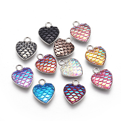 Mixed Color 304 Stainless Steel Pendants, with Resin, Heart with Fish Scale Shape, Stainless Steel Color, Mixed Color, 16x13x3.5mm, Hole: 2mm