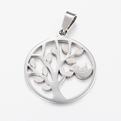 Stainless Steel Color 304 Stainless Steel Pendants, Textured, Flat Round with Tree of Life & Bird, Stainless Steel Color, 28x25x1.2mm, Hole: 4x8mm