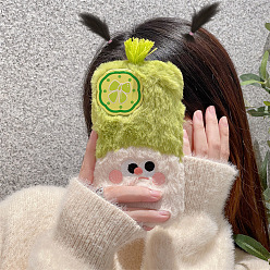 Yellow Green Warm Plush Mobile Phone Case for Women Girls, Cartoon Winter Camera Mirror Holder Protective Covers Fit for iPhone14 Plus, Yellow Green, 16.08x7.81x0.78cm