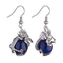 Lapis Lazuli Boucles d'oreilles pendantes dragon lapis lazuli naturel, bijoux en laiton platine pour femme, 42mm, pin: 0.6 mm