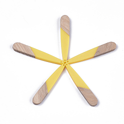 Yellow Resin & Walnut Wood Pendants, Teardrop, Yellow, 44x7.5x3mm, Hole: 1.2mm