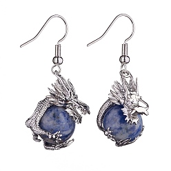 Punto Piedra Azul Pendientes colgantes de dragón de jaspe azul natural, joyas de latón platino para mujer, 42 mm, pin: 0.6 mm