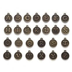 Bronze Antique Pendentifs en alliage cabochon pour émail, rond et plat avec alphabet, bronze antique, 14x12x2mm, trou: 1.5 mm, 26 pcs / ensemble 