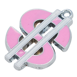 Pearl Pink Alloy Enamel Pendants, Lead Free and Cadmium Free, Currency Symbol, Platinum Color, Pink, 25x18x2mm, Hole: 2mm