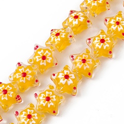 Gold Handmade Lampwork Beads Strands, with Enamel, Star with Sakura Pattern, Gold, 13x13.5x12mm, Hole: 1mm, about 33pcs/strand, 14.72 inch(37.4cm)