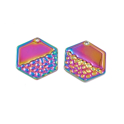 Rainbow Color Revestimiento iónico (ip) 304 colgantes de acero inoxidable, encanto hexagonal, color del arco iris, 26x23x1.5 mm, agujero: 1.6 mm