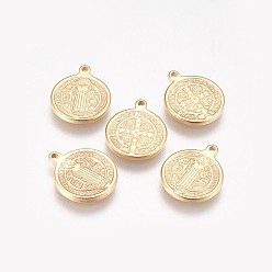 Golden Stainless Steel Pendants, Long-Lasting Plated, Flat Round, Saint Benedict Medal, Golden, 15x12x1.5mm, Hole: 1.2mm
