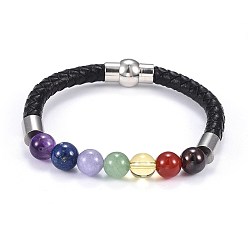 Mixed Stone Chakra Jewelry, Leather Cord Bracelets, with Natural Mixed Gemstone, Brass Magnetic Clasps and 304 Stainless Steel Cord Ends, 7-1/2 inch(19cm), 6mm