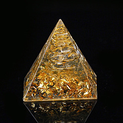 Cristal de Quartz Décorations d'affichage en résine pyramidale d'orgonite, avec les accessoires en laiton, feuille d'or et éclats de cristal de quartz naturel à l'intérieur, pour bureau à domicile, 30mm
