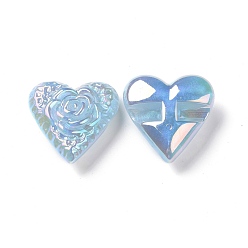 Azul Cielo Perlas de acrílico chapadas en arco iris iridiscentes, perlas de brillo, corazón con diseño de flores, luz azul cielo, 32x32x13.5 mm, agujero: 3 mm