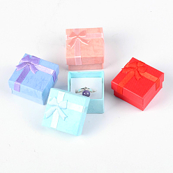 Mixed Color Valentines Day Presents Packages Cardboard Ring Boxes, with Satin Ribbons Bowknot outside, Square, Mixed Color, 41x41x26mm