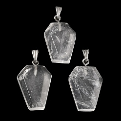 Quartz Crystal Natural Quartz Crystal Pendants, Faceted Hexagon Charms with Rack Plating Stainless Steel Color Plated 201 Stainless Steel Snap on Bails, Cadmium Free & Lead Free, 28.5~31x18~20x7~8mm, Hole: 3x8mm