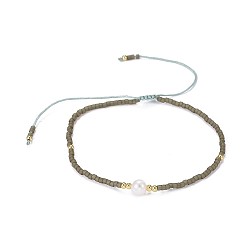 Dark Khaki Adjustable Nylon Cord Braided Bead Bracelets, with Japanese Seed Beads and Pearl, Dark Khaki, 2 inch~2-3/4 inch(5~7.1cm)