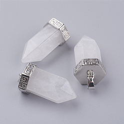 Cristal de Quartz Pendentifs à facettes en cristal quartz naturel, pendentifs en cristal de roche, avec accessoires en laiton, balle, platine, 39x18mm, Trou: 4.5x5.5mm