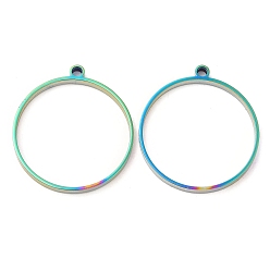 Rainbow Color 304 pendentifs ronds plats à lunette arrière ouverte en acier inoxydable, pour diy uv résine, une résine époxy, Bijoux à fleurs pressées, couleur arc en ciel, 33x30x3mm, Trou: 2.2mm, diamètre intérieur: 27.8 mm