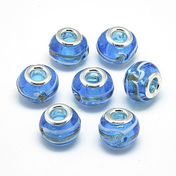 Bleu Dodger Perles européennes en lampwork faits à la main, en laiton de platine noyaux doubles, Perles avec un grand trou   , rondelle, Dodger bleu, 13~15x10mm, Trou: 5mm