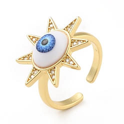 Azul Sol de zirconia cúbica con anillo abierto de mal de ojo con acrílico, joyas de latón chapado en oro real 18k para mujer, sin plomo y cadmio, azul, tamaño de EE. UU. 6 1/4 (16.7 mm)