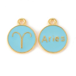 Aries Colgantes de la aleación del esmalte, ronda plana con constelación / signo del zodiaco, dorado, el cielo azul, Aries, 15x12x2 mm, agujero: 1.5 mm