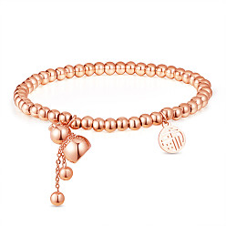 Rose Gold SHEGRACE Titanium Steel Charm Bracelets, with Round Beads and Cable Chains, Gourd and Flat Round with Chinese Character Fu, Rose Gold, 2 inch(5cm)