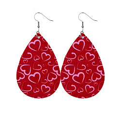 Heart Red Imitation Leather Teardrop Dangle Earrings for Valentine's Day, Heart Pattern, 80x40mm