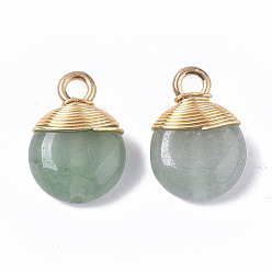 Aventurine Natural Green Aventurine Pendants, with Golden Tone Brass Wires and Iron Loops, Half Drilled, Flat Round, 14~15x10~11x5~6mm, Hole: 1.5~2mm