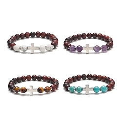 Mixed Color 4Pcs 4 Style Natural & Synthetic Mixed Gemstone & Wood Stretch Bracelets Set with Alloy Cross Beaded for Women, Mixed Color, Inner Diameter: 2-1/8 inch(5.5cm), 1Pc/style