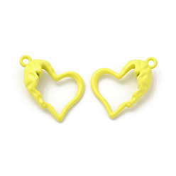 Yellow Spray Painted Alloy Pendants, Hollow Heart Charm, Yellow, 21x15.5x0.6mm, Hole: 1.6mm