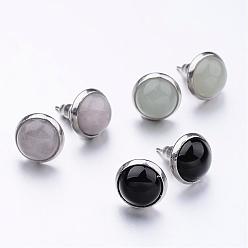 Mixed Stone 304 Stainless Steel Stud Earrings, with Mixed Stone Cabochon, 16mm, Pin: 0.7mm