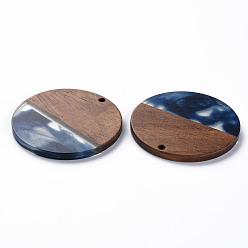 Marine Blue Transparent Resin & Walnut Wood Pendants, Two Tone, Flat Round, Marine Blue, 38.5x3mm, Hole: 2mm