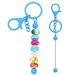 Deep Sky Blue Baking Painted Alloy and Brass Bar Beadable Keychain for Jewelry Making DIY Crafts, with Lobster Clasps, Deep Sky Blue, 15.8x2.4cm