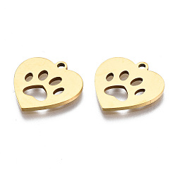 Golden 201 Stainless Steel Pet Pendants, Laser Cut Pendants, Heart with Dog Footprint, Golden, 15x14.5x1mm, Hole: 1.4mm