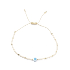 Lin Bracelet réglable en perles miyuki graine et résine mauvais œil tressé pour femme, linge, diamètre intérieur: 1-3/4~2-3/4 pouce (4.4~7.1 cm)