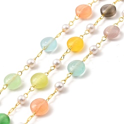 Real 18K Gold Plated Colorful Cat Eye Flat Round & Glass Pearl Beaded Chains, with Brass Cable Chain, Lead Free & Cadmium Free, Unwelded, with Spool, Real 18K Gold Plated, 5.5x6x3mm